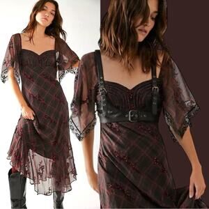 Free People Grunge WhimsyGoth Plaid Sheer Midi Dress 12 Fallen Flowers Fairy